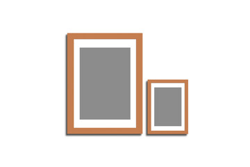 Two brown picture frames with white borders on transparent background