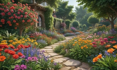 Obraz premium A colorful garden filled with vibrant flowers and lush greenery, nature, foliage, scenery