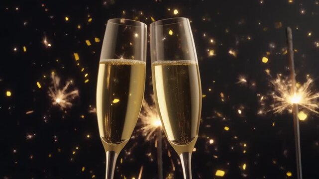 Two glasses of champagne surrounded by sparkling fireworks at night