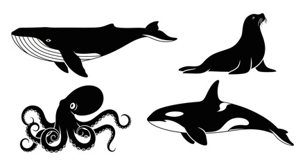 Obraz premium Diverse Marine Animals Silhouettes Set: Whale, Seal, Octopus, and Orca