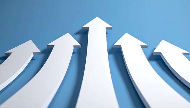Upward movement shown by five white arrows converging towards the top, contrasted on a blue background