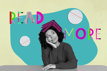 Naklejka premium Pop art full zine photo collage of happy girl guy hold book head library academic education learner pencil ruler read more letters