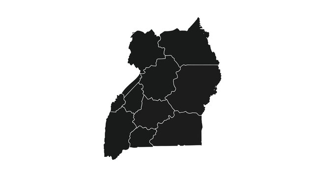 A stark black outline depicts the geographical boundaries of uganda showcasing its regions as a silhouette high quality professional