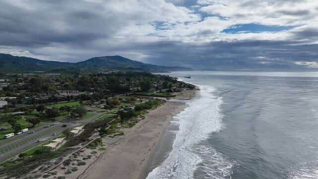 Aerial view of Carpinteria, small seaside city in southeastern Santa Barbara County, California. Located on the Central Coast of California. USA