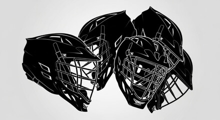 Collection of black lacrosse helmets on a plain background. © Zina