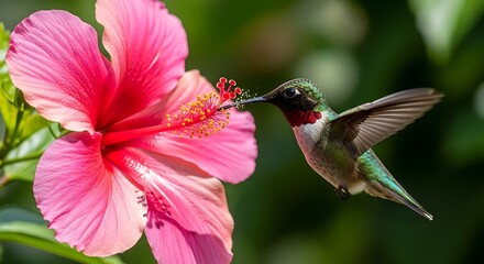 Fototapeta premium Male ruby-throated hummingbird hovers mid-air while delicately feeding nectar from the bright pink, large petals of a blooming tropical hibiscus flower.