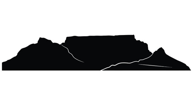 A striking black silhouette depicts table mountain s iconic flat top and rugged peaks creating a bold visual silhouette