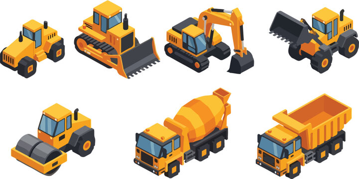 Isometric kids 3D yellow heavy construction machinery pixelized vecter collection featuring excavator bulldozer dump truck and cement mixer vector illustration set