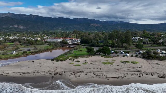 Aerial view of Carpinteria, small seaside city in southeastern Santa Barbara County, California. Located on the Central Coast of California. USA