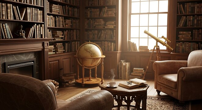 An antique study room features towering bookshelves filled with old volumes, a central terrestrial globe, and a brass telescope positioned near a sunlit window beside leather armchairs.