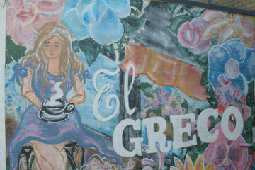 Naklejka premium mural on exterior of El Greco, cafe, located at 160 Floyd Av, at Pape Av, East York, Toronto