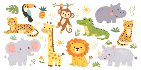 Fototapeta premium Vector illustration set of cartoon safari animals characters, doodle elements, flowers and plants. Cute bundle for creating kids prints, patterns, cards and any children designs
