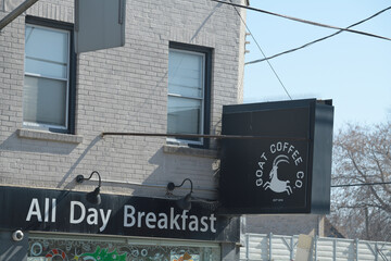Naklejka premium exterior building facade and sign of Goat Coffee Co located at 893 Pape Av, East York, Toronto