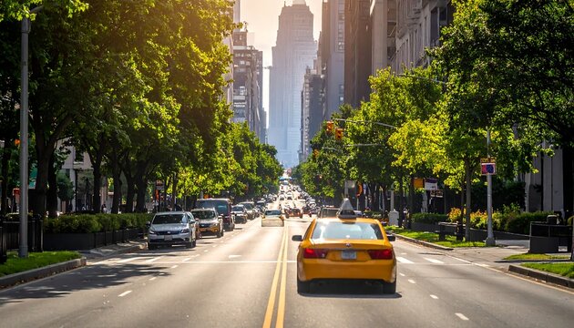 Urban boulevard with trees, cars, and high buildings under a sunny sky in perspective view
