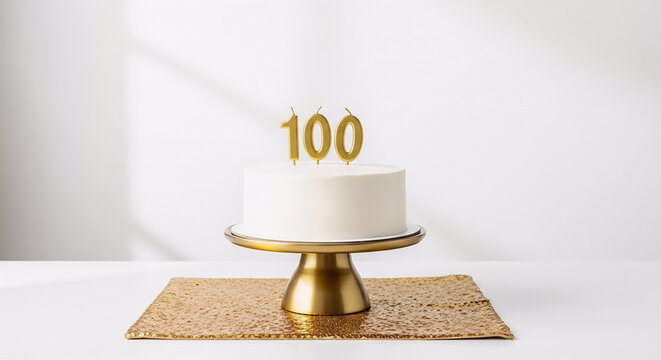 White cake with '100' golden candles on a gold stand, placed on a sequin mat. Studio shot for celebrating a milestone anniversary or birthday event.