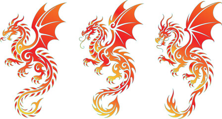 Fototapeta premium Tribal dragon tattoo element set featuring red and yellow fire flames in a vector illustration style with orange floral swirl patterns and decorative wing shapes for a logo design symbol
