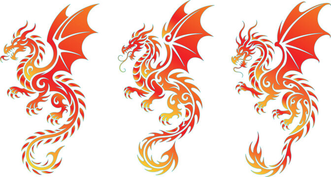 Tribal dragon tattoo element set featuring red and yellow fire flames in a vector illustration style with orange floral swirl patterns and decorative wing shapes for a logo design symbol
