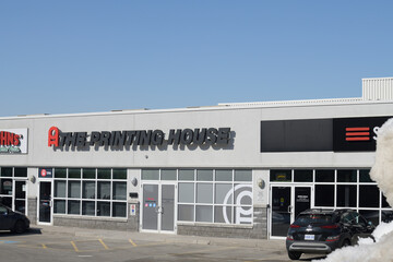 Naklejka premium exterior building facade and sign of TPH The Printing House, a digital printing service, located here at 1400 O'Connor Dr, East York, Toronto