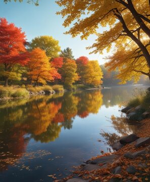 Autumn foliage surrounds a serene lake in Loring Park Minneapolis, foliage, fall colors, minneapolis