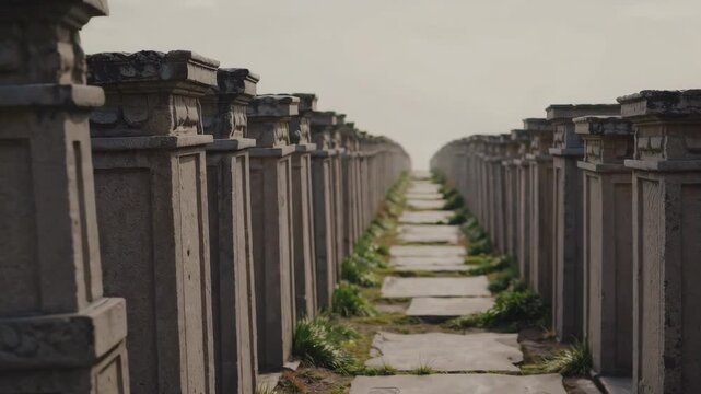 A solemn perspective view of a historical necropolis featuring rows of weathered stone monuments resembling a cemetery. The symmetrical arrangement of pillars in the vast desert creates a peaceful and