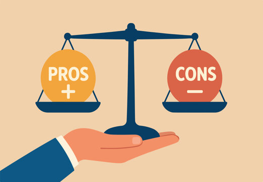  Pros and cons comparison, advantage and disadvantage evaluation, choice decision making, weighing between good or bad reason, assessment concept, pro and con elements on equilibrium balance