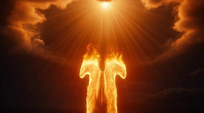 Heavenly light opens in the night sky, the fire of the Holy Spirit descends slowly like a golden flame, spiritual atmosphere, divine light, cinematic, 4K, dramatic lighting.