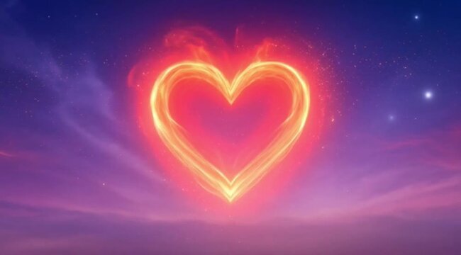 Golden and red spiritual flames form a glowing heart symbol in the air, light particles surround it, heavenly sky background, spiritual visual