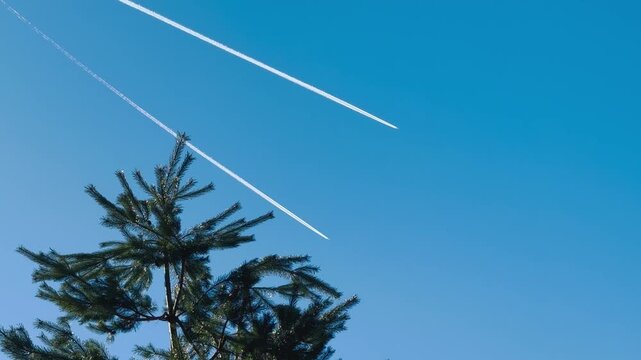 Italy, Limone Piemonte, February 26, 2026. 
White Contrails from Airplanes in Clear Blue Sky Background.
 Djundiet A. 