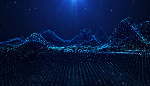 Abstract digital landscape with blue glowing particles and wave forms