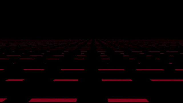 Red horizon dash field animation in perspective with glowing points on dark digital background