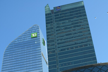 Naklejka premium looking up at TD Terrace (left) and RBC Centre (right) on Simcoe St between Wellington St W and Front St W, Toronto