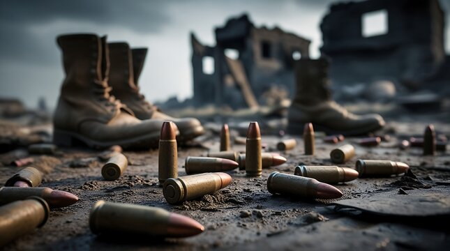 Professional photo of a close-up macro shot of rusty bullets scattered across the ground, with muddy boots left behind on a war-torn battlefield, featuring a shallow depth of field.