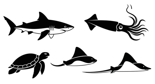 Marine Animals Silhouettes Set: Shark, Squid, Turtle, Stingray, Sawfish Icons