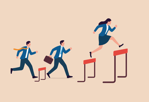 Gender inequality woman or female discrimination, unfair opportunity or unequal, obstacle or difficulty for woman leadership concept, businesswoman compete with men with more difficulty hurdles.