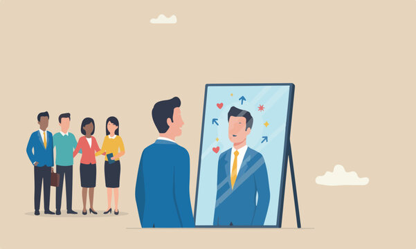 Self acceptanc yourself, key to success, confidence and positive thinking, attitude or mindset for leader concept, confidence businessman appreciate his self reflection on mirror.