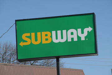 Naklejka premium pylon sign by the road for Subway, a sandwich shop chain, located here at 1888 O'Connor Dr, North York, Toronto