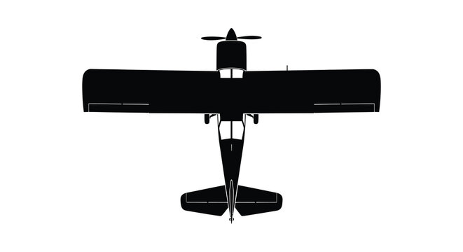 A stark black silhouette of a single engine bush plane is presented against a white background showcasing its classic form silhouette
