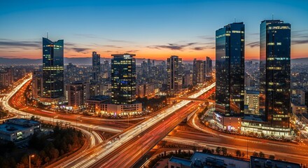 Naklejka premium Cityscape Night Traffic - Skyscrapers and Highway