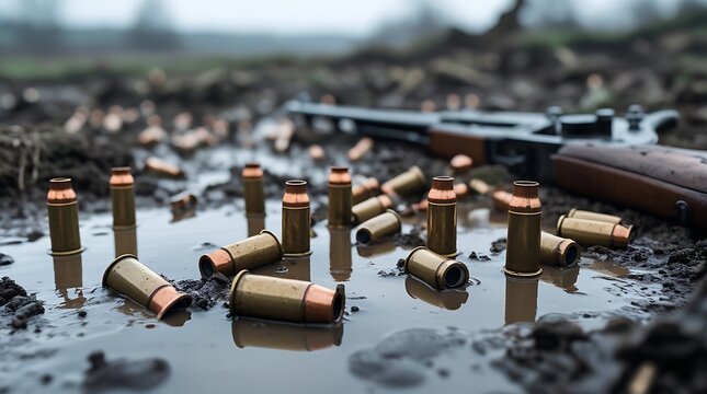 Close-up of muddy ground with dozens of spent bullet casings partially submerged in puddles, broken rifle beside them, blurred ruined battlefield in background, shallow depth of field.