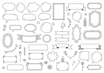 Pop Art Speech Bubble and Decorative Elements Set Vector Illustration, Comic Style Line Balloons with Stars, Dots, Arrows, and Burst Shapes for Dialogue, Chat Messages, Posters, and Graphic Design