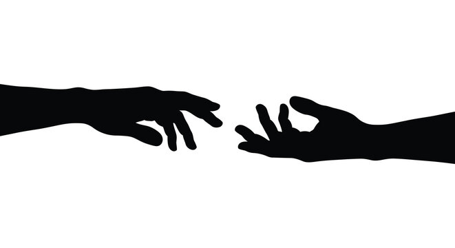 Two hands reaching for each other almost touching depicted in a stark black and white silhouette high quality professional