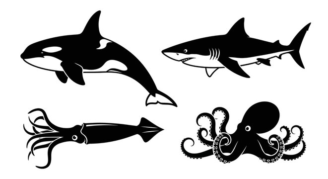 Marine life silhouettes set: orca, shark, squid, and octopus. Black vector icons of sea creatures.