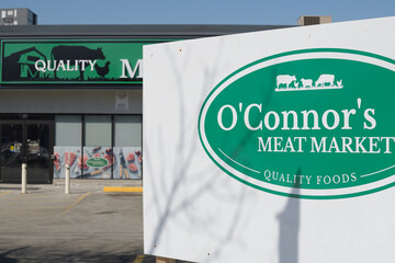 Naklejka premium sign outside O'Connor's Meat Market, a butcher shop, located at 1100 O'Connor Dr, East York, Toronto