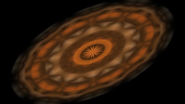 Abstract symmetrical oval pattern with warm orange and brown tones on a black background, resembling a stylized eye or mandala.