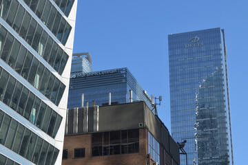 Naklejka premium looking south on Simcoe St to TD Terrace (left), MarshMcLennen (Southcore Financial Centre) and Delta hotel at 75 Lower Simcoe St, Toronto