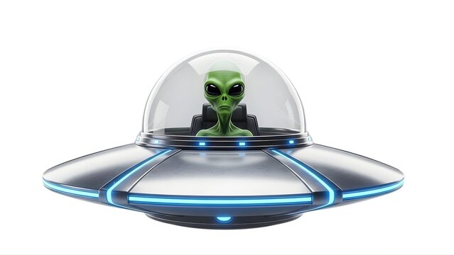 A green alien sitting in a futuristic silver flying saucer on transparent background