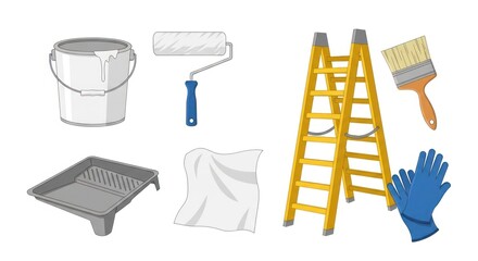 Painting tools illustration bucket roller brush ladder gloves and tray