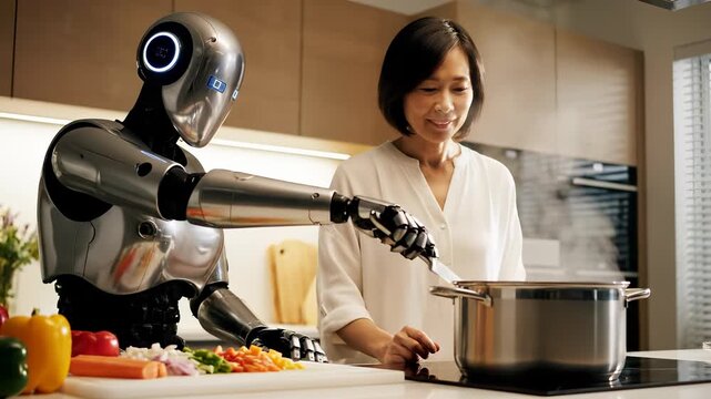 Cooking with robot assistant in modern kitchen. A woman prepares delicious meal with robotic helper. Innovative technology enhances culinary experience in cozy atmosphere.