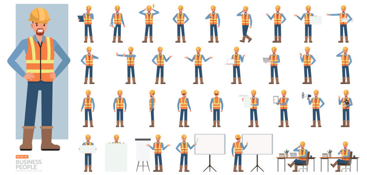 Big Set of Engineering man working character vector design. Man working and presentation in various action.