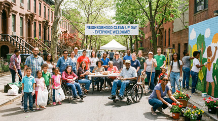 Naklejka premium Large diverse group of people gathered on a residential street with a banner and a vibrant mural in the background.